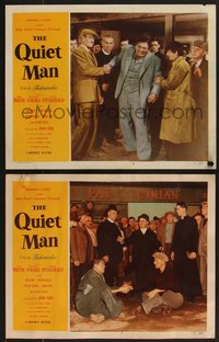 7f0885 QUIET MAN 2 LCs 1951 John Wayne & Victor McLaglen shaking hands in both, John Ford!