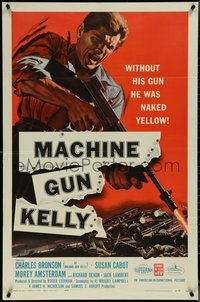 7f1169 MACHINE GUN KELLY 1sh 1958 without his gun Charles Bronson was naked yellow, cool art!