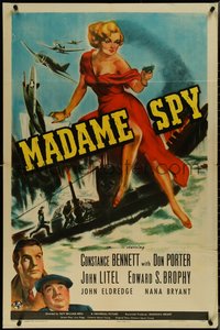 7f1172 MADAME SPY 1sh 1942 art of Constance Bennett in dress with gun on Nazi submarine!