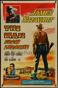 7f1176 MAN FROM LARAMIE 1sh 1955 three images of James Stewart, directed by Anthony Mann!