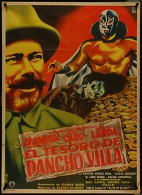 7f0306 EL TESORO DE PANCHO VILLA Mexican poster 1954 Diaz art of masked wrestler & gold pile!