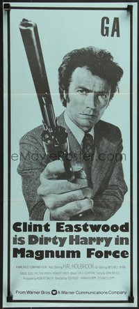 7f0320 MAGNUM FORCE New Zealand daybill 1973 c/u of Clint Eastwood as Dirty Harry with his huge gun!