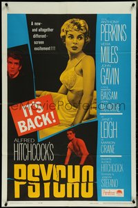 7f1251 PSYCHO 1sh R1965 half-dressed Janet Leigh, Anthony Perkins, Alfred Hitchcock classic!