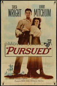 7f1254 PURSUED 1sh 1947 great full-length image of Robert Mitchum & Teresa Wright!