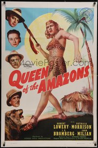 7f1255 QUEEN OF THE AMAZONS 1sh 1947 Robert Lowery, Patricia Morrison, art of sexy jungle warrior!