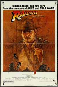 7f1257 RAIDERS OF THE LOST ARK 1sh 1981 great art of adventurer Harrison Ford by Richard Amsel!