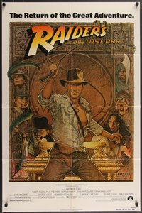 7f1258 RAIDERS OF THE LOST ARK 1sh R1982 great Richard Amsel art of adventurer Harrison Ford!