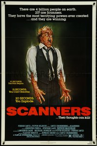 7f1276 SCANNERS 1sh 1981 David Cronenberg, in 20 seconds your head explodes, cool art by Joann!