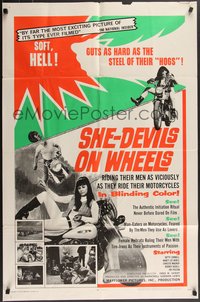 7f1284 SHE-DEVILS ON WHEELS 1sh 1968 Herschell Gordon Lewis, wild bloody images, rare!