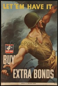 7f0280 LET 'EM HAVE IT BUY EXTRA BONDS 9x13 standee 1943 Perlin soldier w/grenade art, ultra rare!