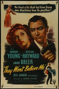 7f1333 THEY WON'T BELIEVE ME 1sh 1947 Susan Hayward, Robert Young w/gun, Greer, film noir!