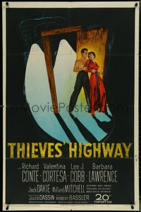 7f1334 THIEVES' HIGHWAY 1sh 1949 art of trucker Richard Conte & Valentina Cortese, Jules Dassin