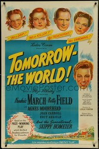 7f1341 TOMORROW THE WORLD 1sh 1944 Fredric March & Betty Field try to redeem Nazi youth Skip Homeier!