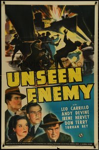 7f1349 UNSEEN ENEMY 1sh 1942 Leo Carrillo, Andy Devine, WWII, cool shipyard fight artwork!