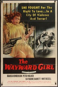 7f1359 WAYWARD GIRL 1sh 1957 great artwork of bad girl in nightie & fighting in prison!