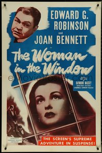 7f1375 WOMAN IN THE WINDOW 1sh R1953 Fritz Lang, art of Edward G. Robinson & sexy Joan Bennett!