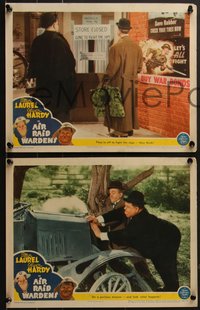 7f0847 AIR RAID WARDENS 5 LCs 1943 great images of Oliver Hardy & Stan Laurel, one with WWII posters!