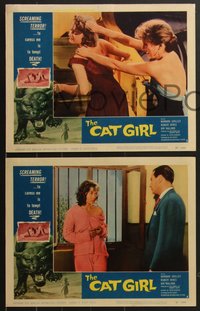 7f0683 CAT GIRL 8 LCs 1957 human feline Barbara Shelley, cool border art of huge cat, English horror!