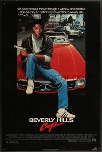 7g0277 BEVERLY HILLS COP NSS style 1sh 1984 great image of detective Eddie Murphy sitting on red Mercedes!