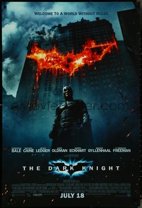 7g0306 DARK KNIGHT int'l advance DS 1sh 2008 Christian Bale as Batman in front of burning bat symbol!