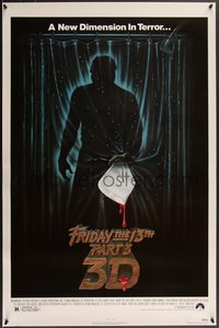 7g0342 FRIDAY THE 13th PART 3 - 3D 1sh 1982 slasher sequel, art of Jason stabbing through shower!