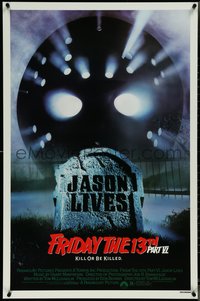 7g0343 FRIDAY THE 13th PART VI 1sh 1986 Jason Lives, cool image of hockey mask over tombstone!