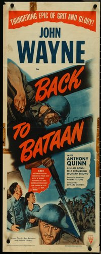 7g0593 BACK TO BATAAN insert R1950 art of John Wayne & Anthony Quinn in World War II, ultra rare!