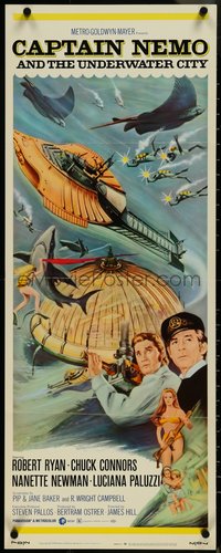 7g0606 CAPTAIN NEMO & THE UNDERWATER CITY insert 1970 art of cast, scuba divers & cool ship, rare!