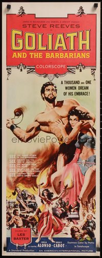 7g0631 GOLIATH & THE BARBARIANS insert 1959 art of Steve Reeves with sexy Chelo Alonso!