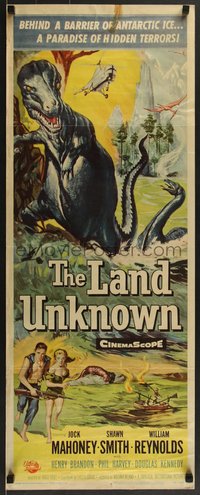 7g0656 LAND UNKNOWN insert 1957 a paradise of hidden terrors, great art of dinosaurs!