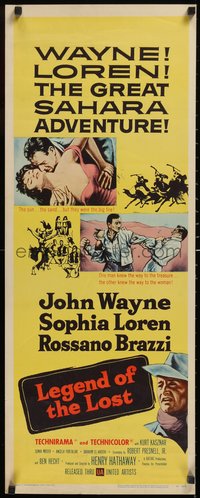 7g0657 LEGEND OF THE LOST insert 1957 romantic art of John Wayne tangling with sexiest Sophia Loren!