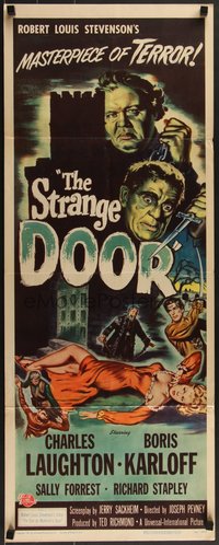 7g0702 STRANGE DOOR insert 1951 cool art of Boris Karloff, Charles Laughton & sexy Sally Forrest!