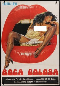 7g0171 GREEDY MOUTH export Italian 1sh 1981 striking artwork of super sexy Laura Levi in open mouth!