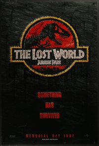 7g0392 JURASSIC PARK 2 teaser DS 1sh 1997 Spielberg, classic logo with T-Rex over red background!