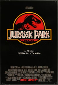 7g0390 JURASSIC PARK advance 1sh 1993 Steven Spielberg, classic logo with T-Rex over red background!