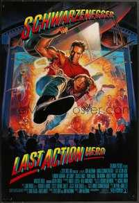 7g0399 LAST ACTION HERO DS 1sh 1993 cool Morgan art of Arnold Schwarzenegger crashing through screen!