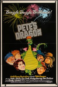 7g0446 PETE'S DRAGON 1sh 1977 Walt Disney, colorful art of cast headshots & dragon by Paul Wenzel!