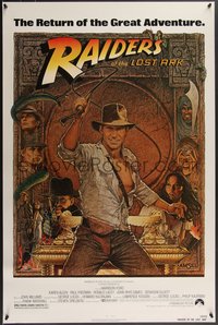 7g0457 RAIDERS OF THE LOST ARK 1sh R1982 great Richard Amsel art of adventurer Harrison Ford!