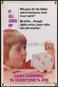 7g0180 COST CONTROL IS EVERYONE'S JOB 24x37 motivational poster 1970 kid w/piggy bank, ultra rare!