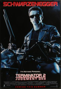 7g0517 TERMINATOR 2 advance DS 1sh 1991 Arnold Schwarzenegger on motorcycle with shotgun!