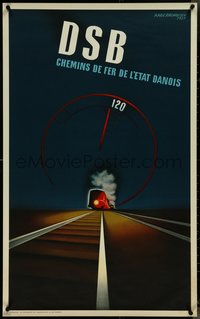 7g0205 DSB 24x39 Danish travel poster 1937 Rasmussen art of train on tracks, in French, ultra rare!