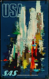 7g0207 SAS USA 24x39 Danish travel poster 1960s abstract Otto Nielson art of a city, rare!