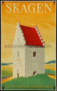 7g0208 SKAGEN 24x39 Danish travel poster 1948 Hakon Spliid artwork of the Buried Church, ultra rare!