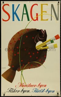 7g0209 SKAGEN 24x39 Danish travel poster 1955 Vagnby art of flounder and paintbrushes, ultra rare!