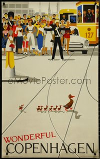 7g0211 WONDERFUL COPENHAGEN 24x39 Danish travel poster 1961 cute Vagnby art of ducks crossing road!