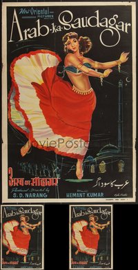 7h0052 LOT OF 4 FORMERLY FOLDED ARAB KA SAUDAGAR 20x30 INDIAN POSTERS 1956 great art of sexy dancer!