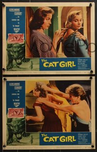 7j0817 CAT GIRL 8 LCs 1957 human feline Barbara Shelley, cool border art of huge cat, English horror!