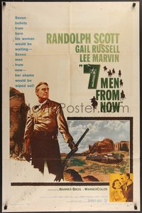 7p0204 7 MEN FROM NOW 1sh 1956 Budd Boetticher, great full-length art of Randolph Scott with rifle!