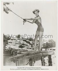 7p1388 JAN STERLING 8x10 still 1952 wearing swimsuit on rope swing at lake, making Pony Express!