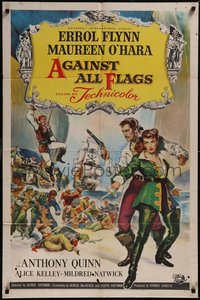 7p0207 AGAINST ALL FLAGS 1sh 1952 cool Brown artwork of pirate Errol Flynn w/swashbuckling O'Hara!